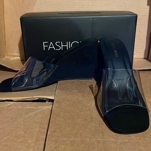 New Fashion Nova Faux Suede Black Clear Wedge